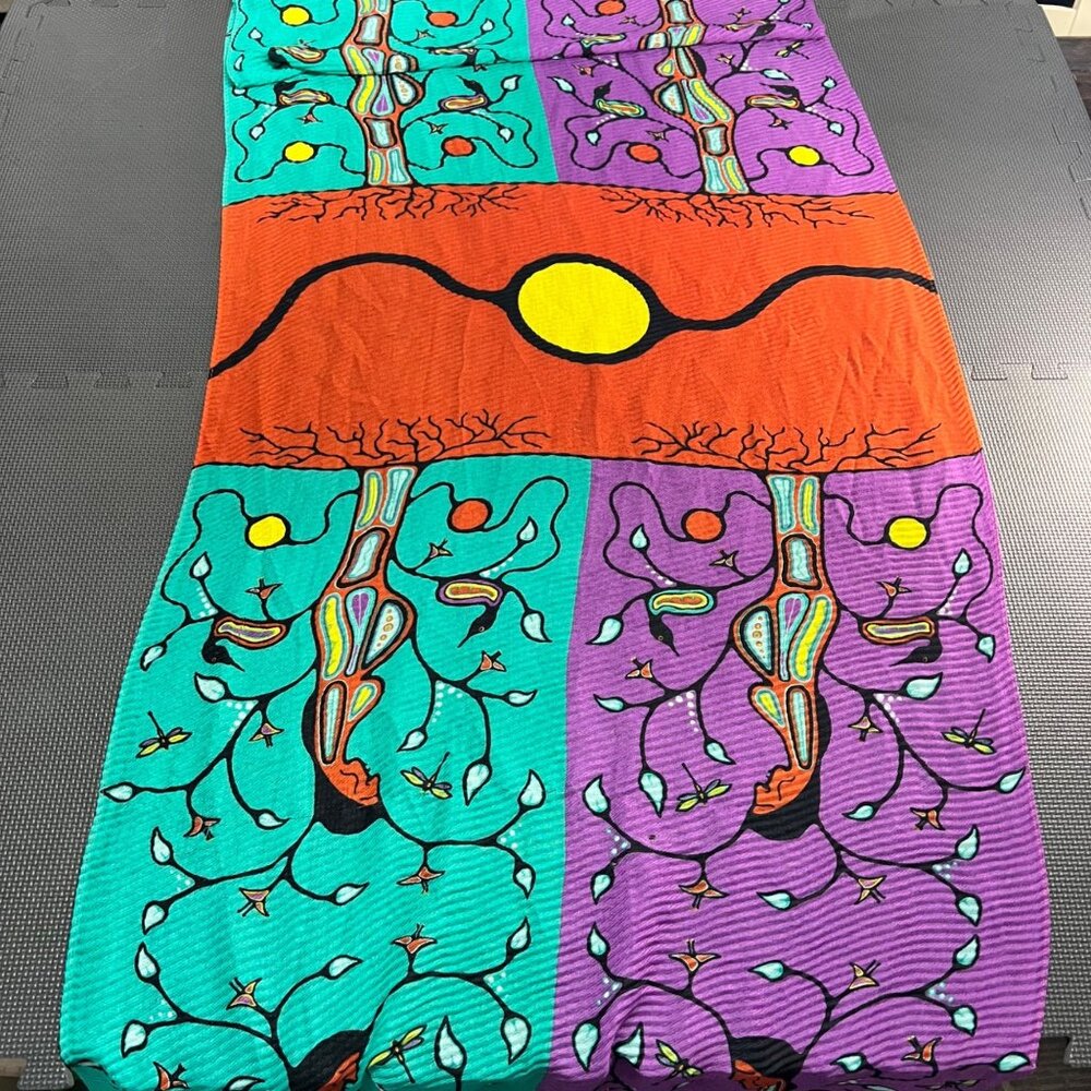 Native Northwest Colorful Patterned Scarf With Tree & Sun Motif